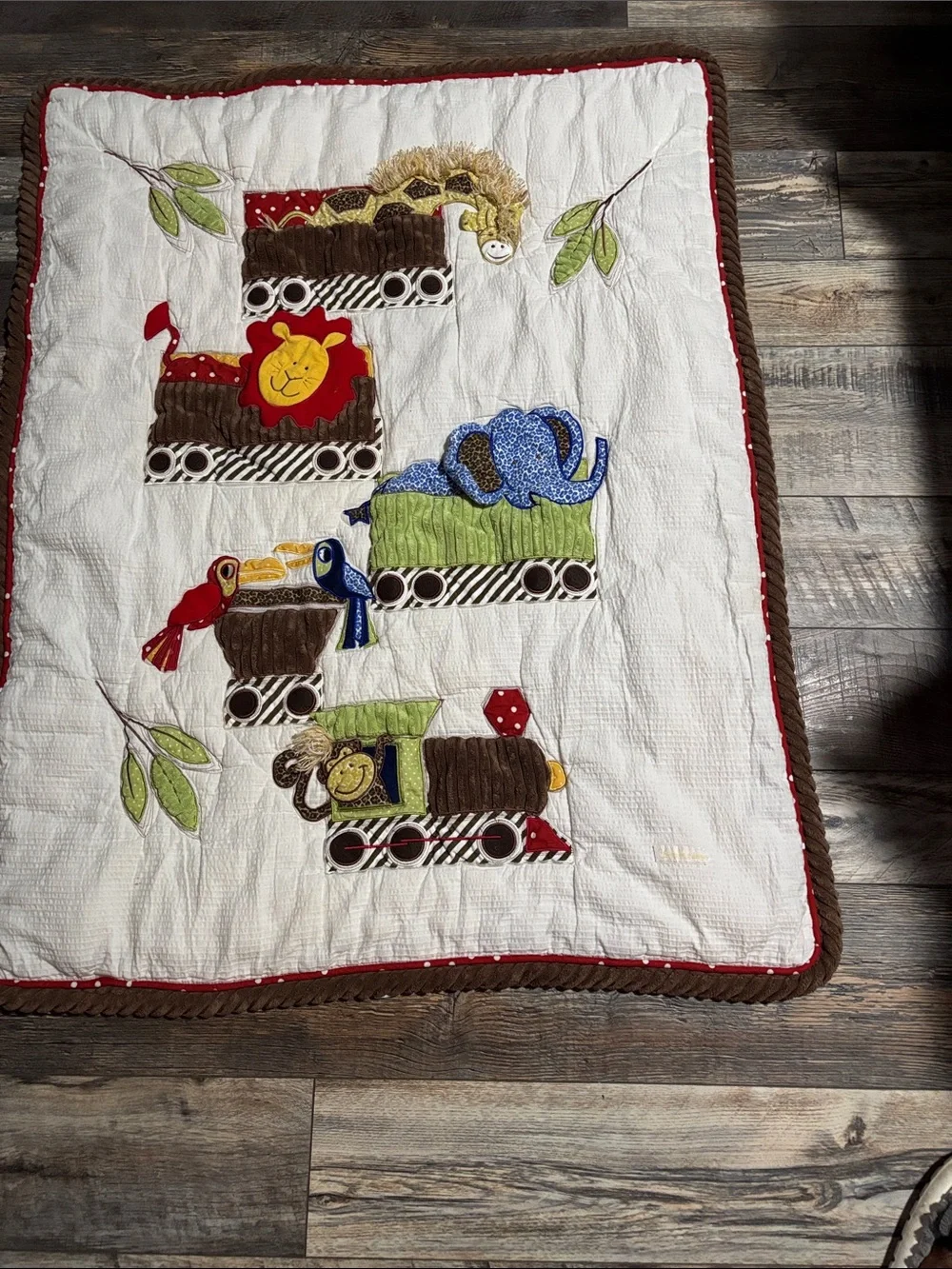 Neutral Cotton Baby Quilt in White and Brown with Red Accent #007
